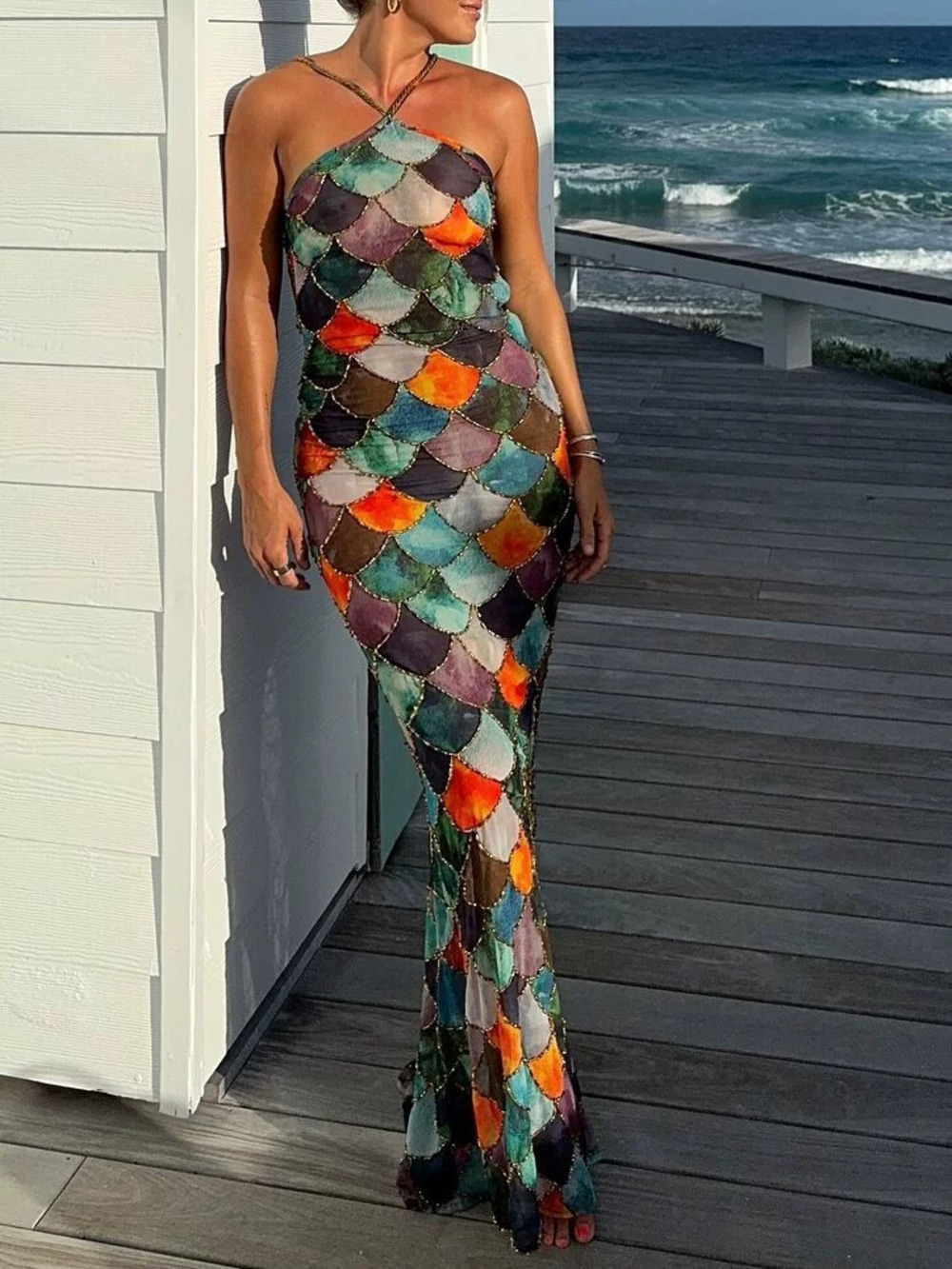 ZARA Womens Summer Printed Sleeveless Halter Color Block Maxi Dress Elegant Sexy